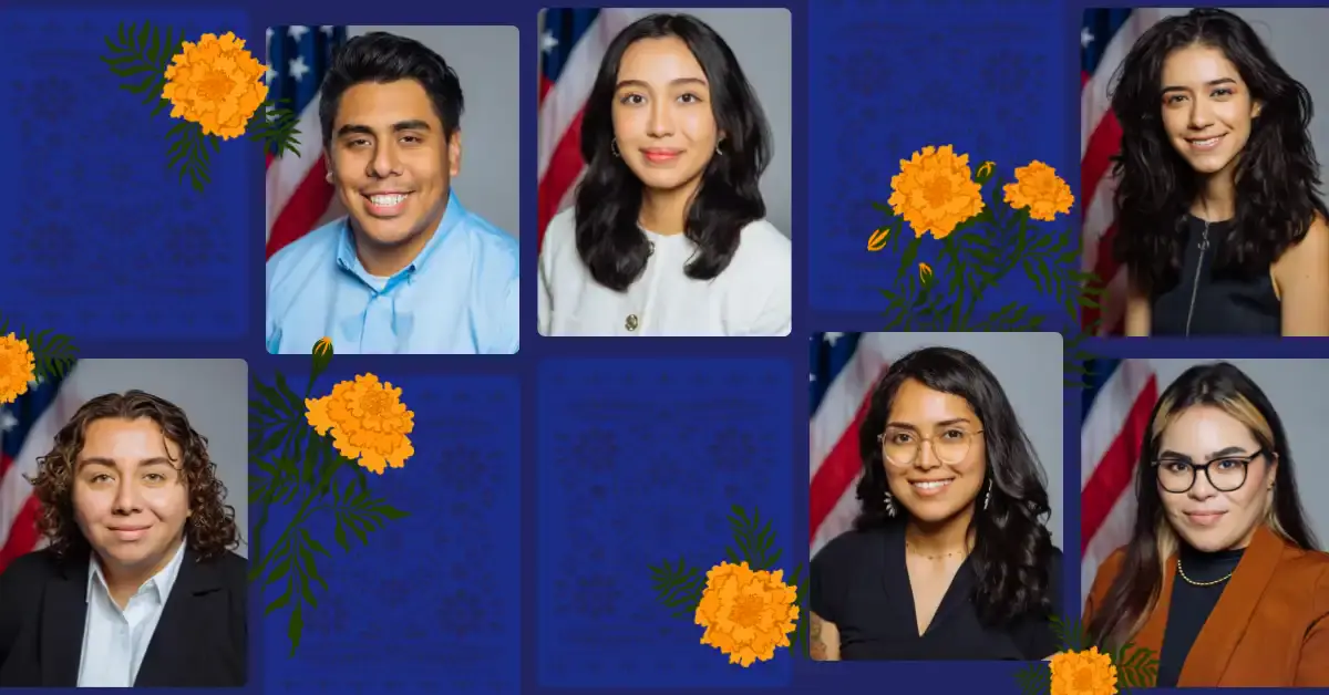 A collage of six U.S. Digital Corps Fellow headshots on a blue patterned background with orange flowers superimposed.