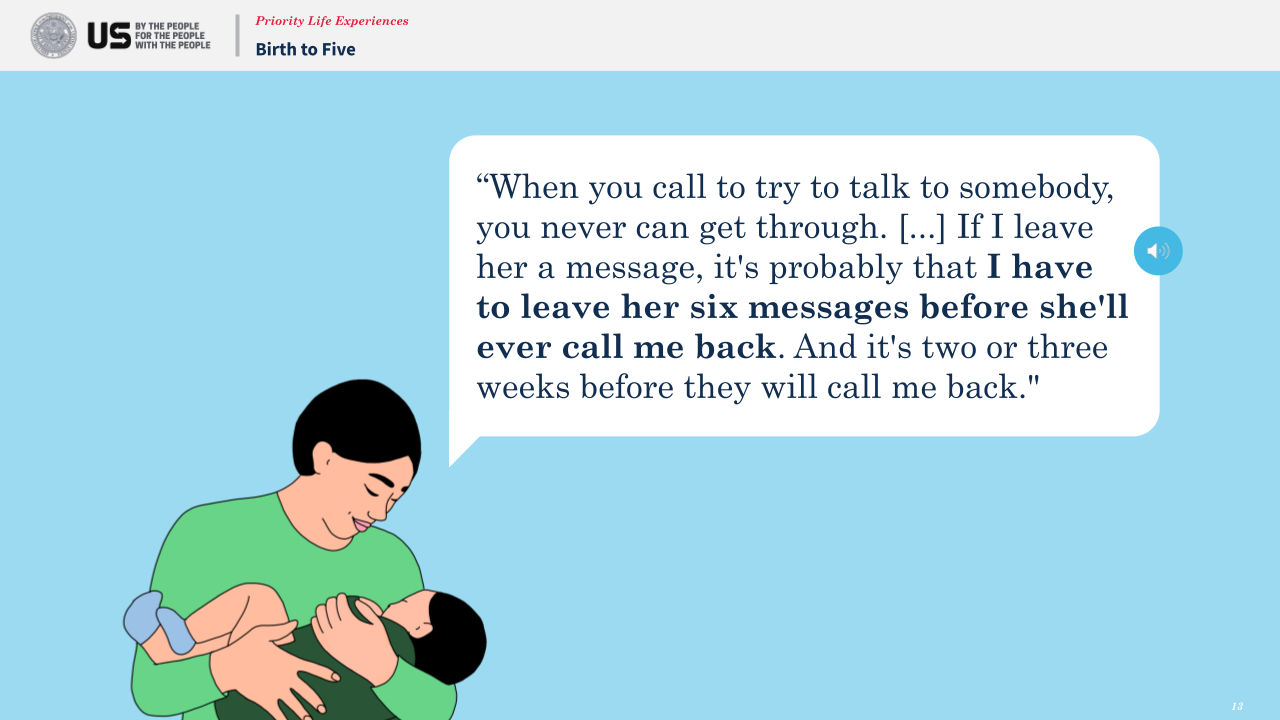 A person holds a baby while a speech bubble next to them reads, When you call to try to talk to somebody, you never can get through. [...] I have to leave her six messages before she'll ever call me back.