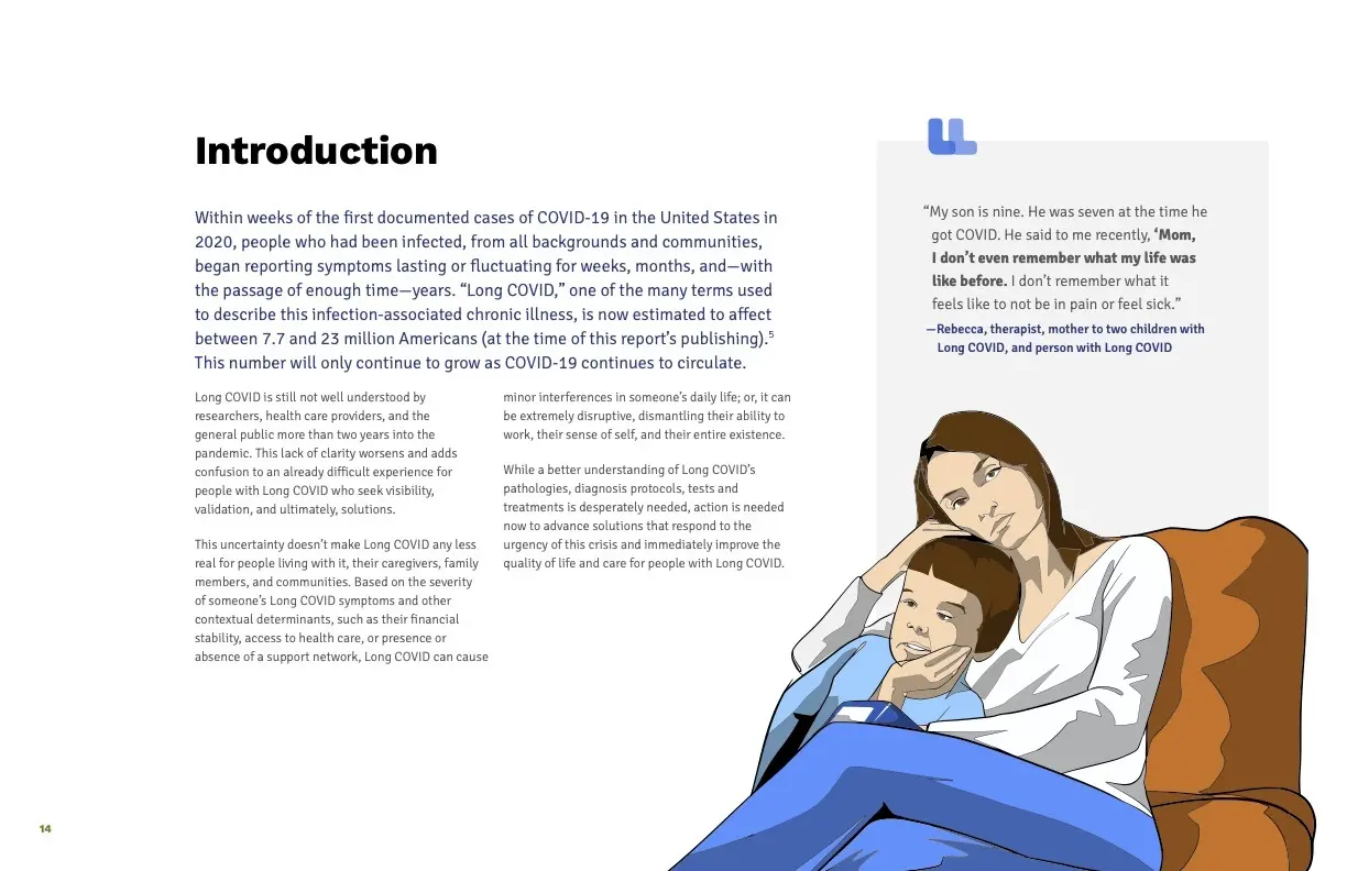 The introduction page (page 14) from the Health+ Long COVID report with a quote and illustration of a mother and her child in the bottom right.