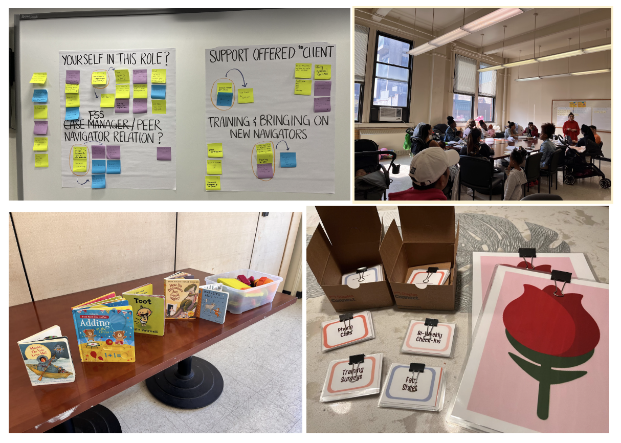 A collage of four images showing a workshop setup: sticky notes on a wall, a group discussion in a classroom, children's books and toys on a table, and boxes with labeled cards and images.